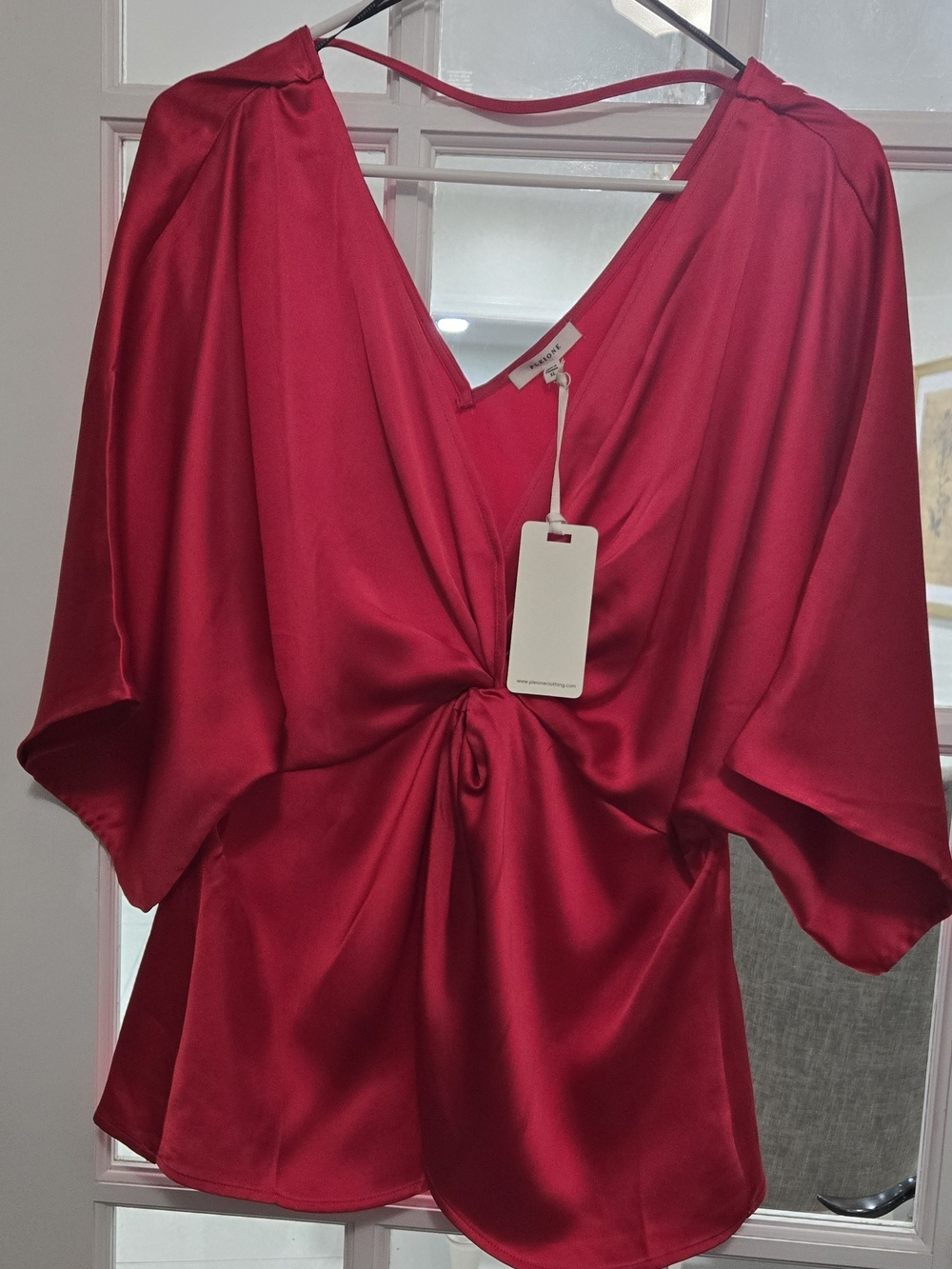 Pleione Red Satin Twist-Front V-Neck Blouse